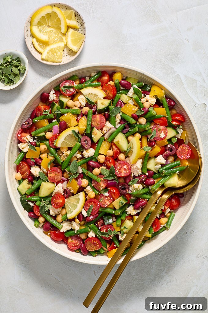 Easy mediterranean bean salad in a serving bowl.
