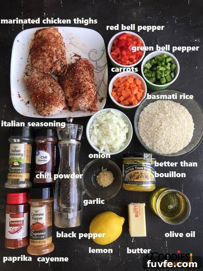 Instant Pot Chicken Thighs with Fluffy White Rice 4 recipe ingredients on a black surface