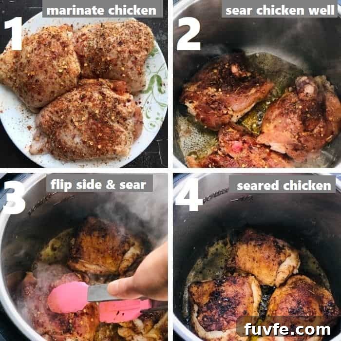 Instant Pot Chicken Thighs with Fluffy White Rice 5 searing marinated chicken thighs in instant pot