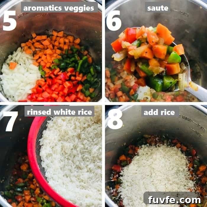 Instant Pot Chicken Thighs with Fluffy White Rice 6 sautéing aromatics & rice in instant pot and adding rinsed basmati rice
