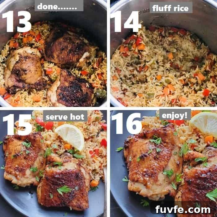 Instant Pot Chicken Thighs with Fluffy White Rice 8 fluffing cooked rice and served chicken thighs and white rice in a black plate