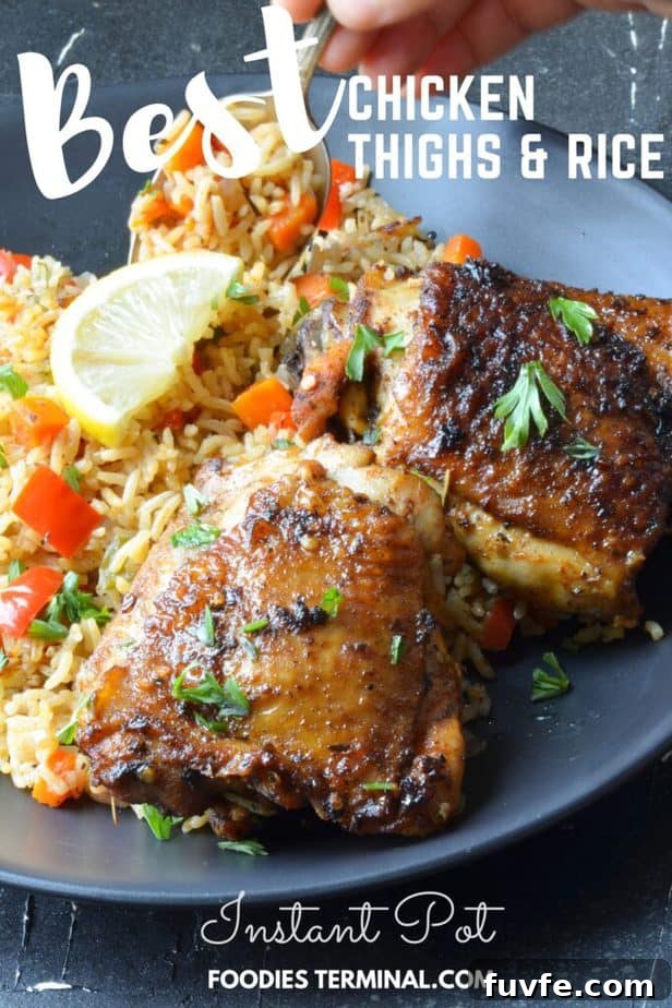 Instant Pot Chicken Thighs with Fluffy White Rice 9 instant pot bone in chicken thighs and rice garnished with fresh chopped parsley and served on a black plate