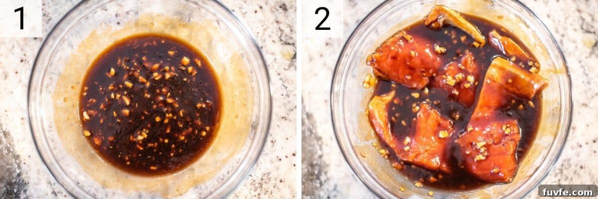 process shots of making teriyaki sauce and marinating salmon in it