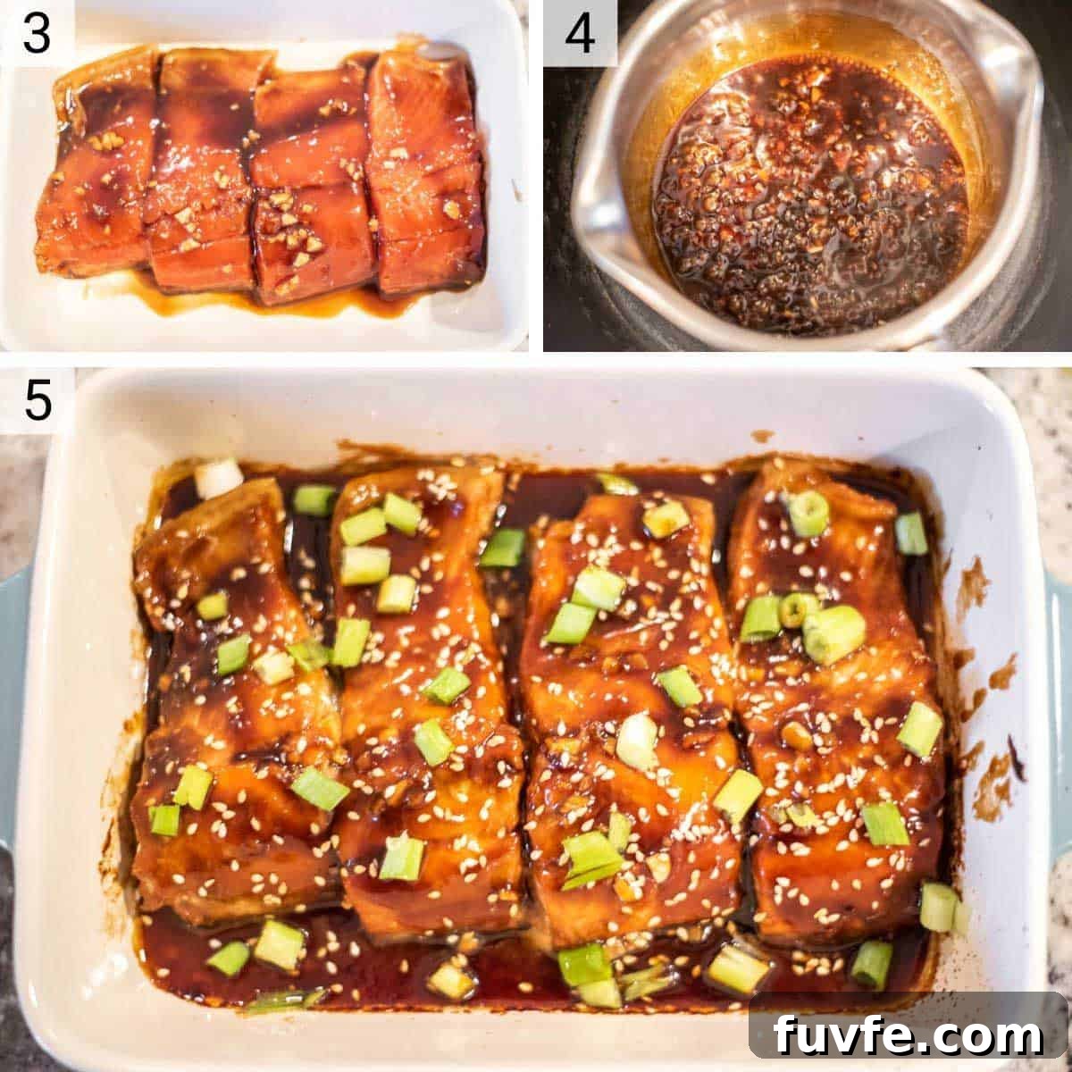 process shots of adding salmon to baking dish and baking as well as cooking down teriyaki sauce in pan