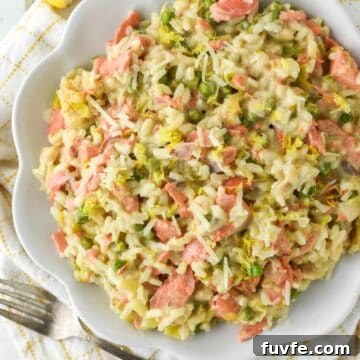 overhead shot of salmon risotto on plate