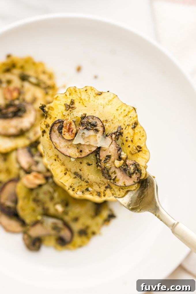 Mushroom ravioli on a fork