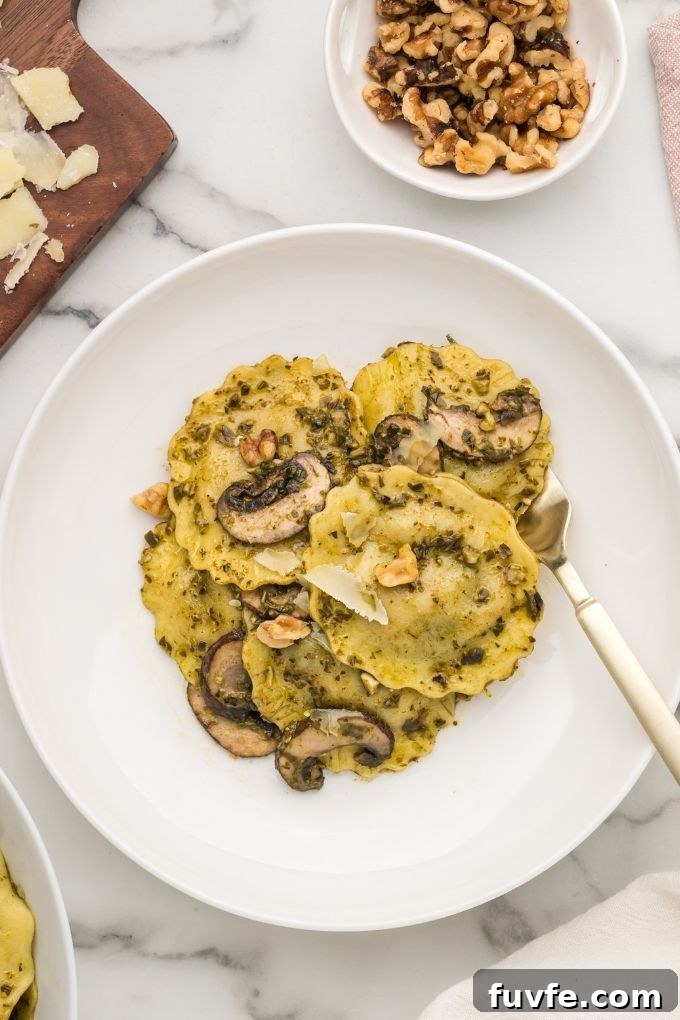 Plate of mushroom ravioli with a fork