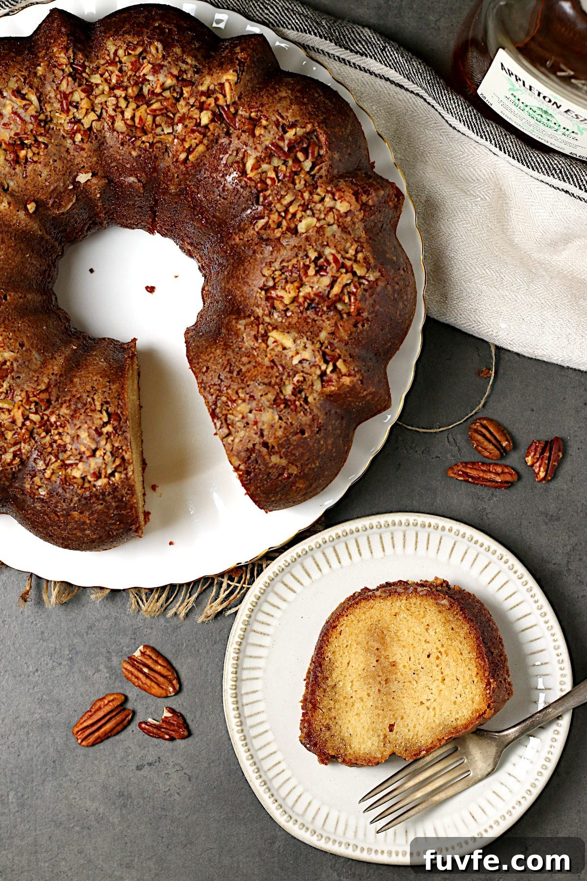 Homemade Caribbean Rum Cake with Toasted Pecans (No Mix) 4 Overhead photo of Caribbean Rum Cake with Pecans.