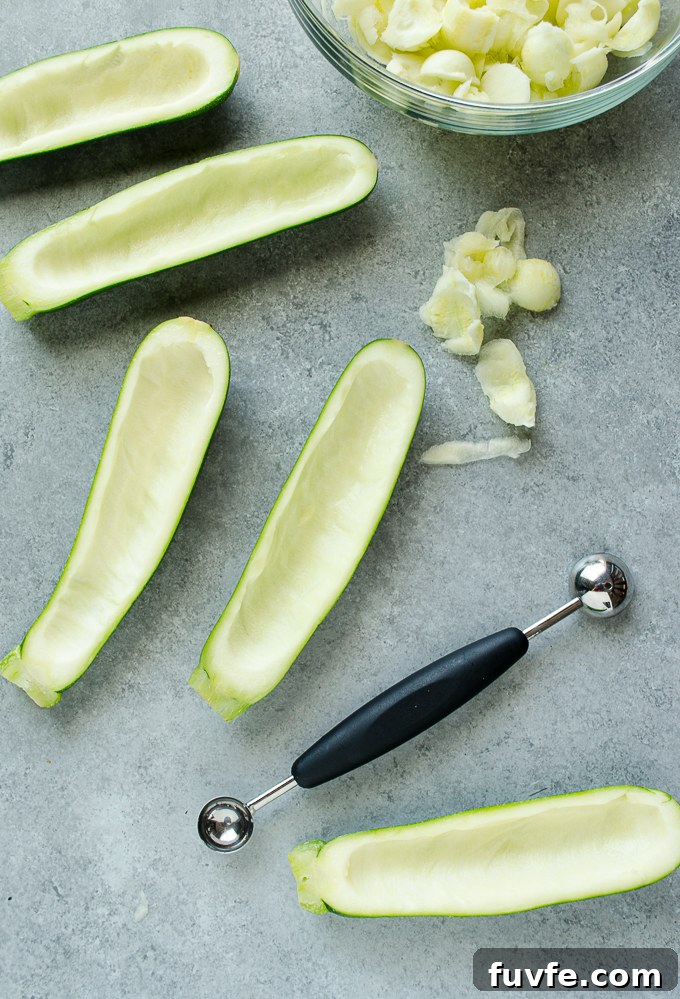 Hollowed out zucchini for zucchini boats.