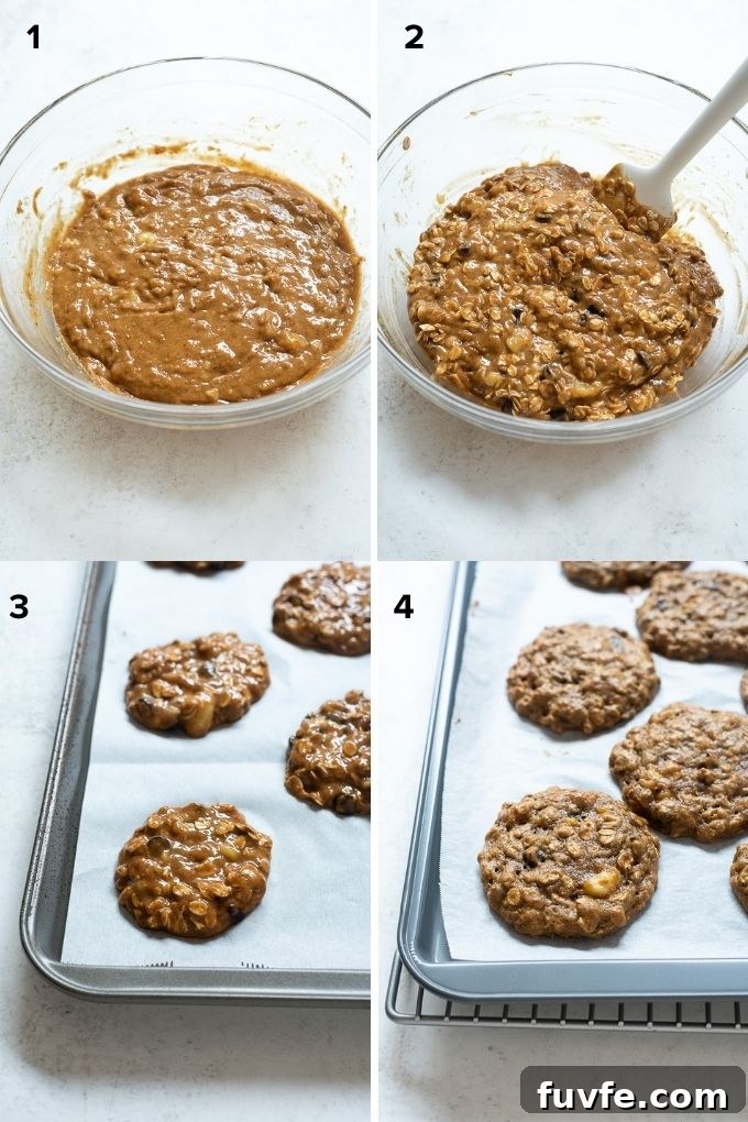 Gluten-Free Peanut Butter Banana Oatmeal Cookies Recipe 5 Process collage showing how to make gluten free peanut butter and banana oatmeal cookies