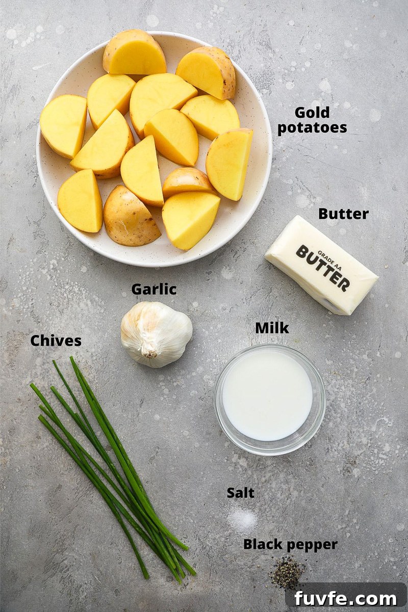 Ingredients used to make roasted garlic mashed potatoes