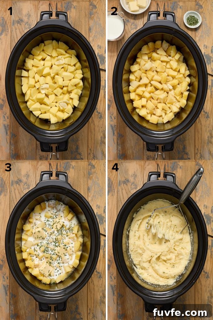 Collage showing how to make mashed potatoes in the crock pot.