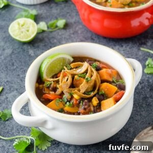 Vegetarian Tortilla Soup in a bowl topped with tortilla chips