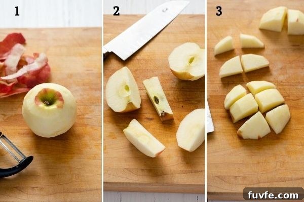 Classic Apple Crisp Recipe with Crunchy Oat Topping 4 How to peel and chop an apple collage