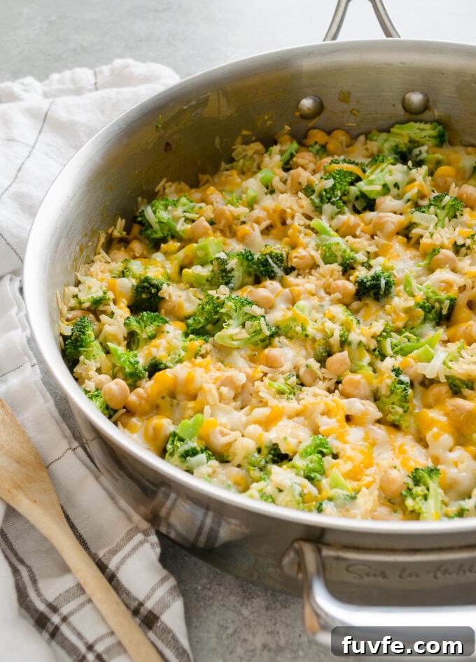 Vegetarian broccoli and rice casserole in a skillet.
