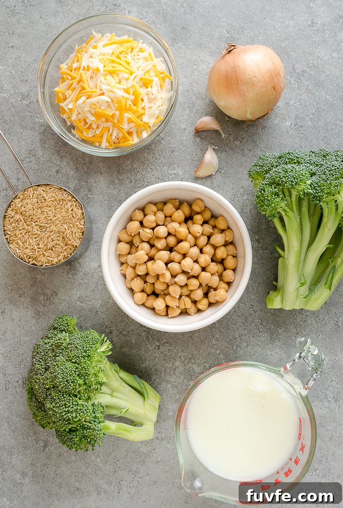 Vegetarian broccoli rice casserole recipe ingredients.