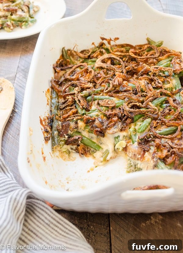 Close up of green bean casserole in baking dish