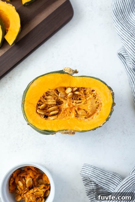 Velvety Kabocha Squash Mash Recipe 6 Halved kabocha squash with seeds.