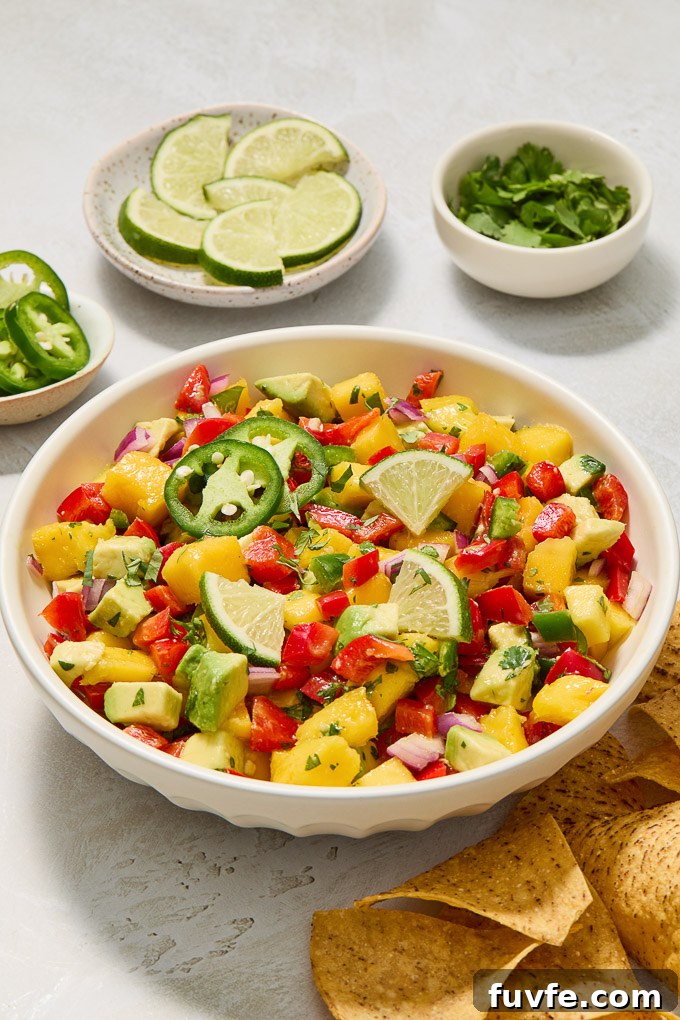 Avocado mango salsa in a serving bowl.