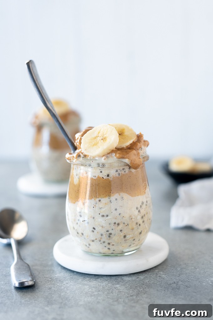 Peanut butter overnight oats with banana in a jar