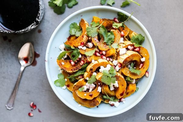 Roasted delicata squash with pomegranate and goat cheese on white plate