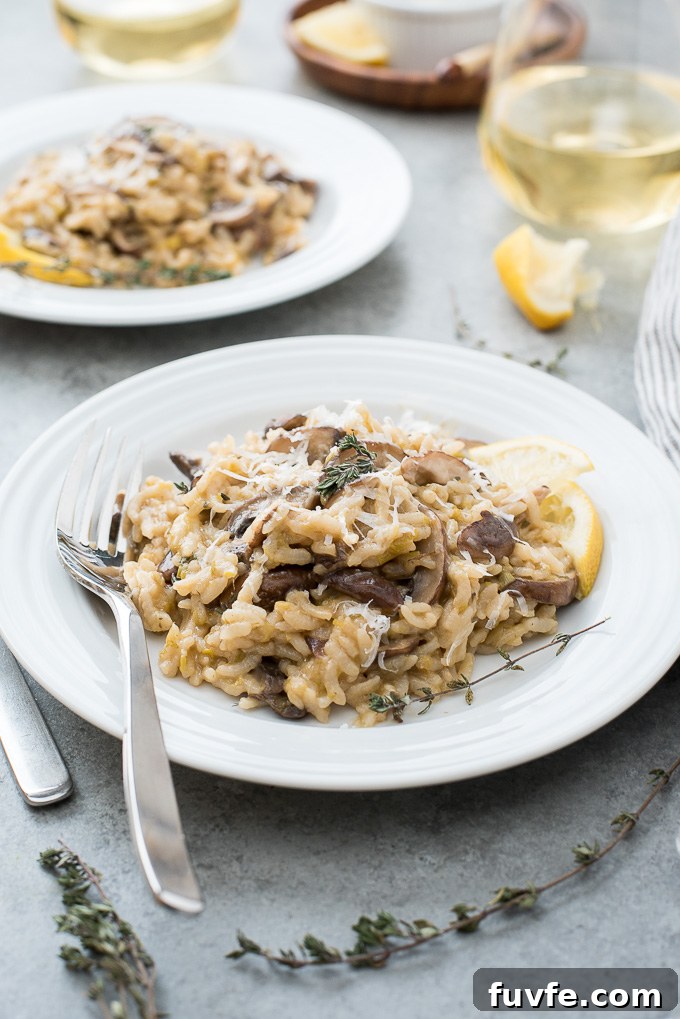 Plate of Instant Pot Mushroom Risotto with lemon and thyme