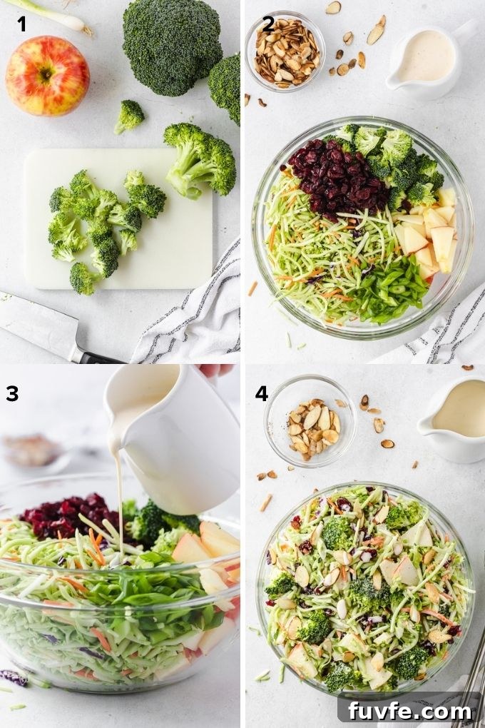 Photo collage showing how to make broccoli slaw