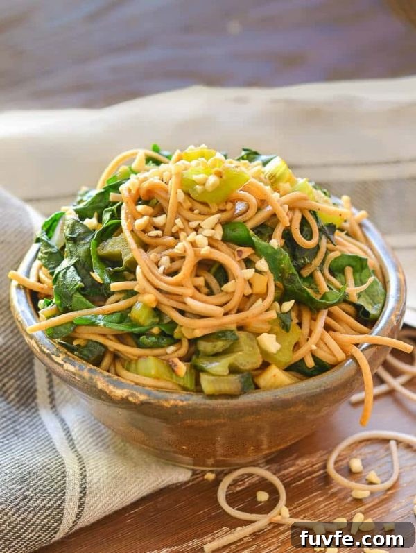 Swiss chard soba noodle stir fry in bowl