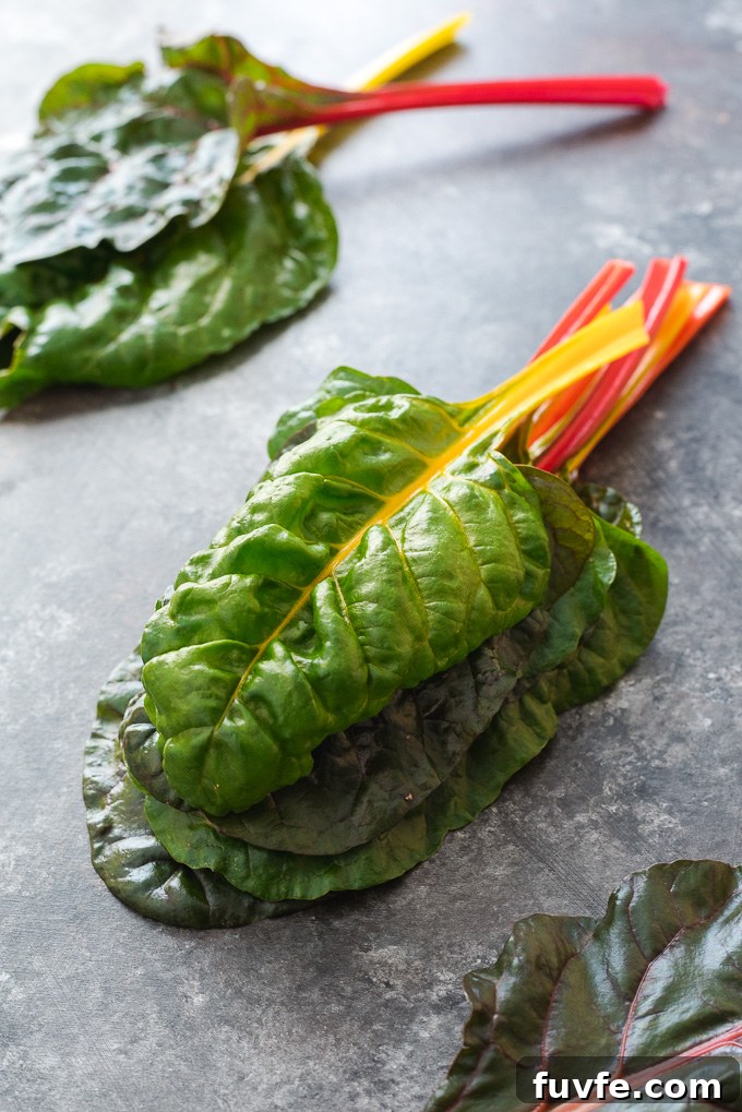 Stack of rainbow Swiss chard leaves