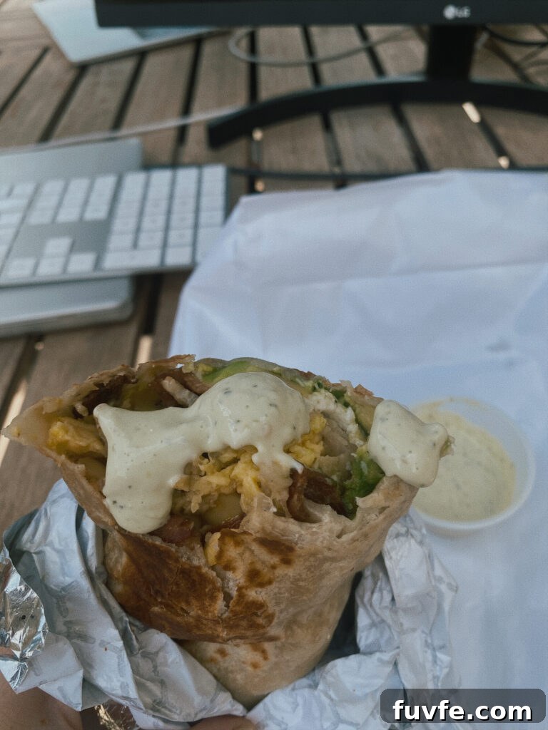Skier’s Breakfast Burrito from Beaumont Bakery 4 Breakfast burrito with sauce