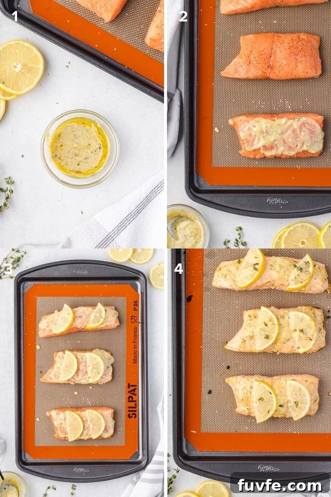 photo collage showing how to bake lemon dijon salmon.