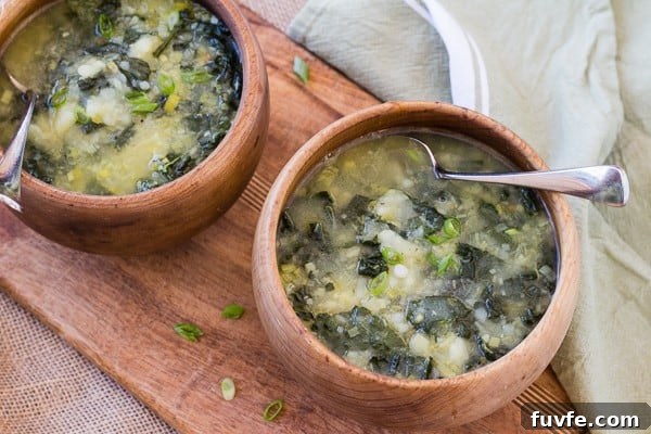 Potato kale soup in a bowl
