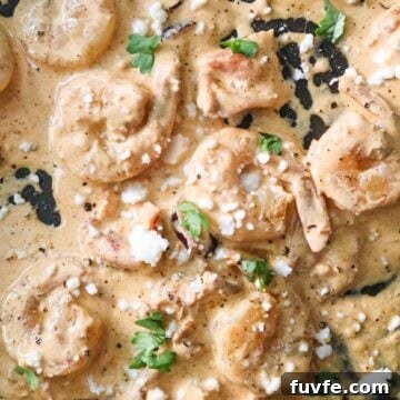 Closeup of creamy chipotle shrimp with queso fresco and cilantro.