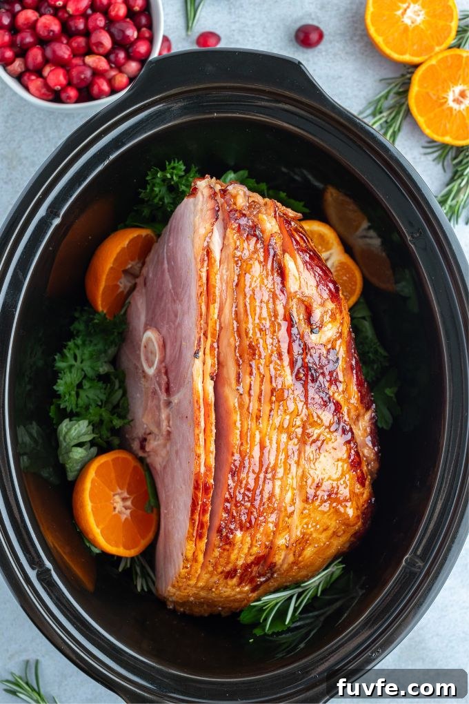 Maple Glazed Ham in slow cooker with orange and rosemary