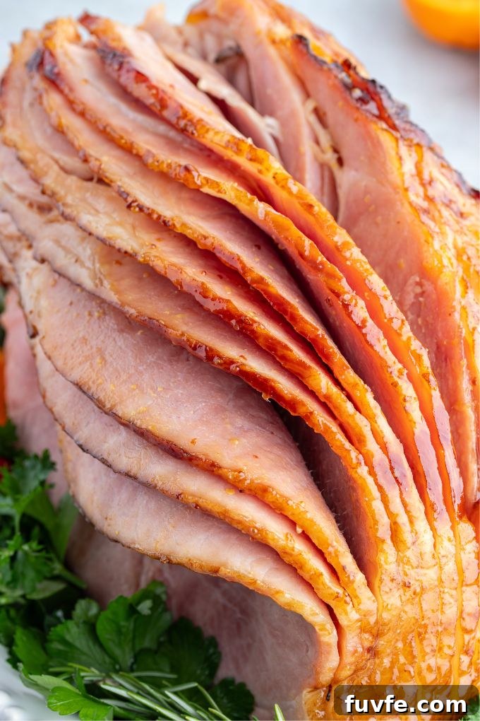 Slow cooker ham with maple glaze on a platter with slices pulled apart