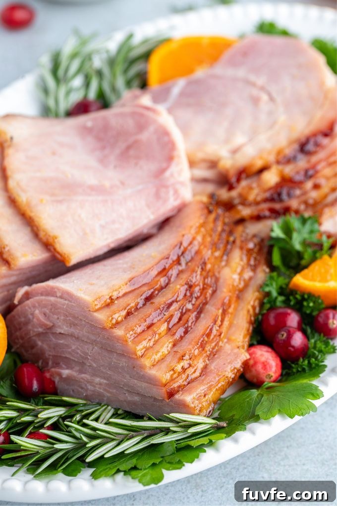 Crock pot ham sliced on a platter with herbs, cranberries and orange