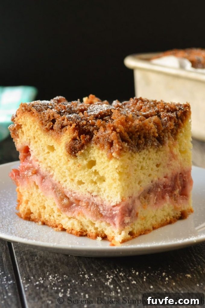 Strawberry rhubarb coffee cake on a white plate.