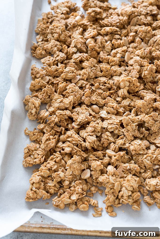Peanut butter granola on a baking sheet