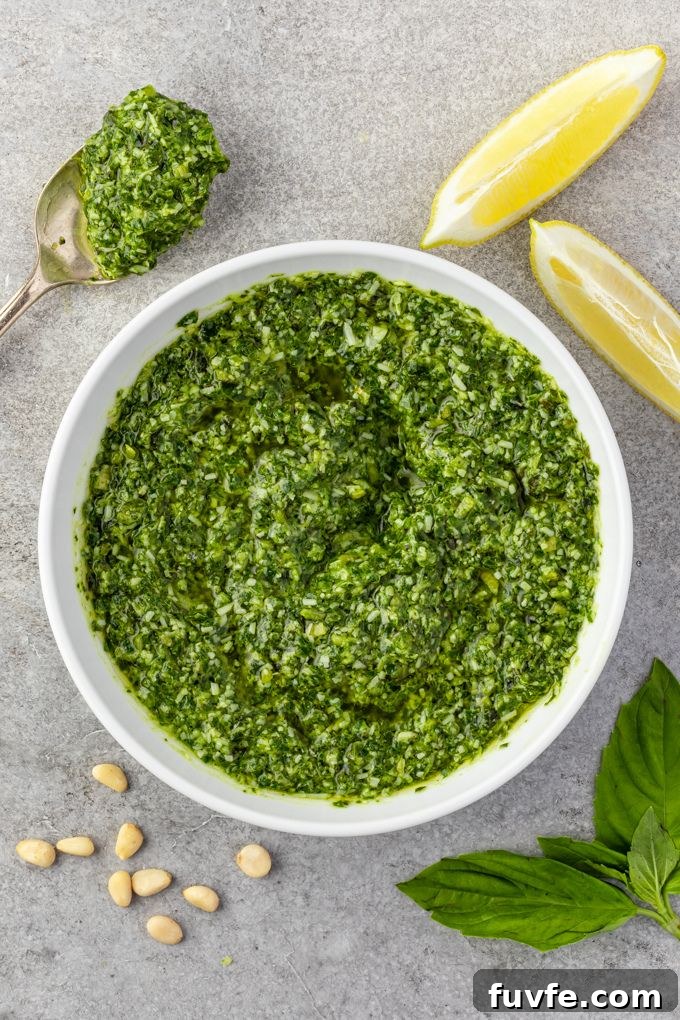 Basil pesto in a white bowl