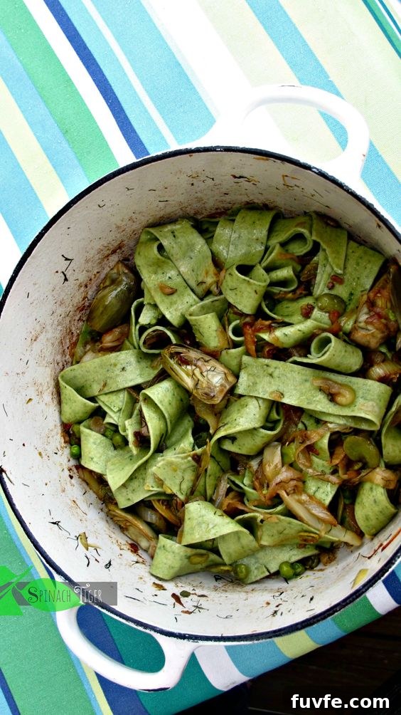 Spinach pasta in a dutch oven
