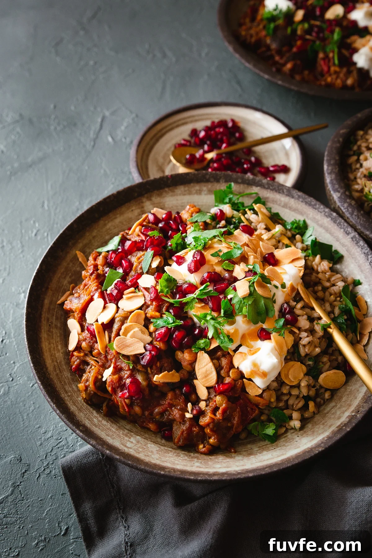 Persian Eggplant Stew with Dried Black Lime (Ghooreh) 6 A bowl of barley topped with Persian aubergine and black lime stew and toppings.