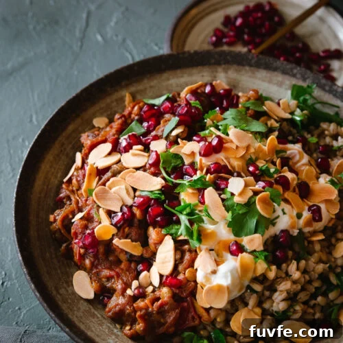 Persian Eggplant Stew with Dried Black Lime (Ghooreh) 7 A bowl of Persian aubergine stew with yoghurt, almonds, pomegranate and coriander.