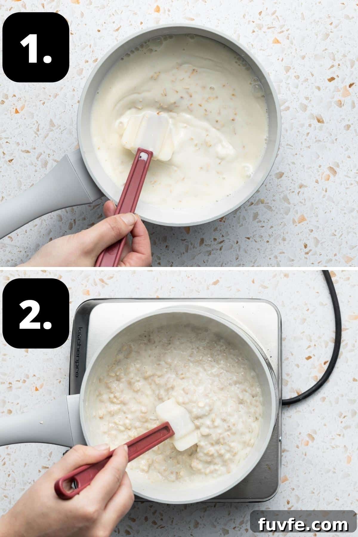 Steps 1-2 of preparing this recipe - the ingredients in a saucepan and cooking the porridge.