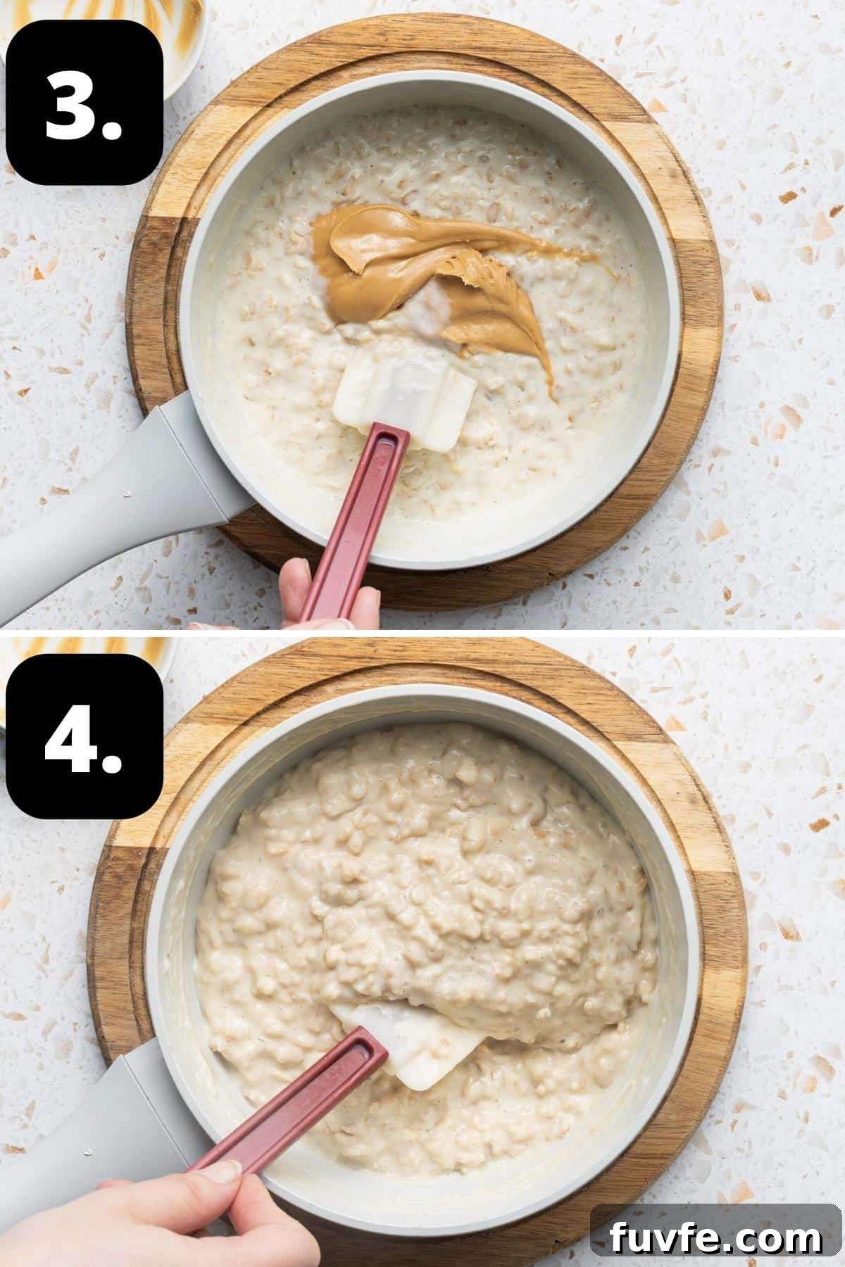 Steps 3-4 of preparing this recipe - adding the peanut butter to the cooked porridge and the combined mixture.