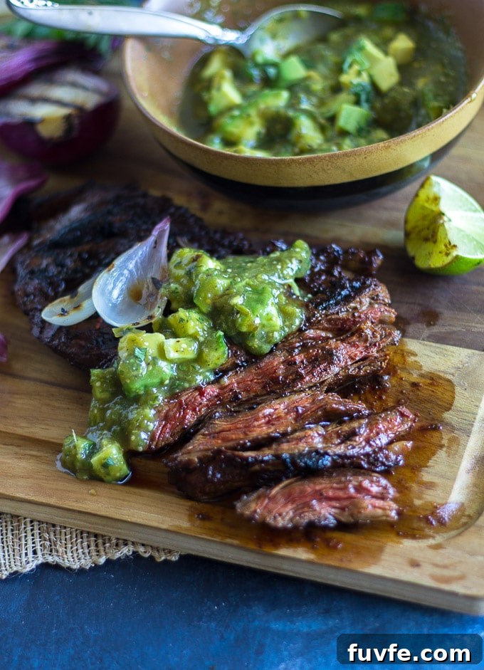Grilled skirt steak with tomatillo avocado salsa
