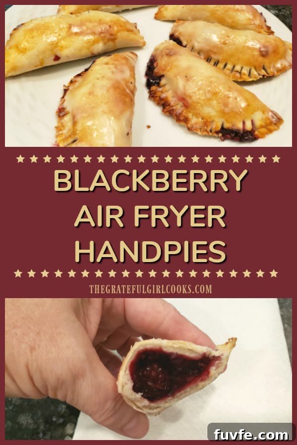 Make six delicious, glazed blackberry air fryer handpies in about 20 minutes total! They're easy to make, with purchased or homemade pie crust dough!