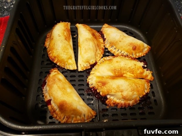 Blackberry air fryer handpies are golden brown once fully cooked.