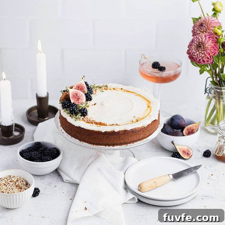 Norwegian Spice Cake Recipe: Classic Krydderkake with Warm Spices 2 Single layer kyrdderkake decorated with a drizzle of caramel sauce, chopped nuts, blackberries, two fig halves and sprigs of thyme. In the background are bowls with these ingredients, two taper candles, a vase of deep purple dahlias and a cocktail.