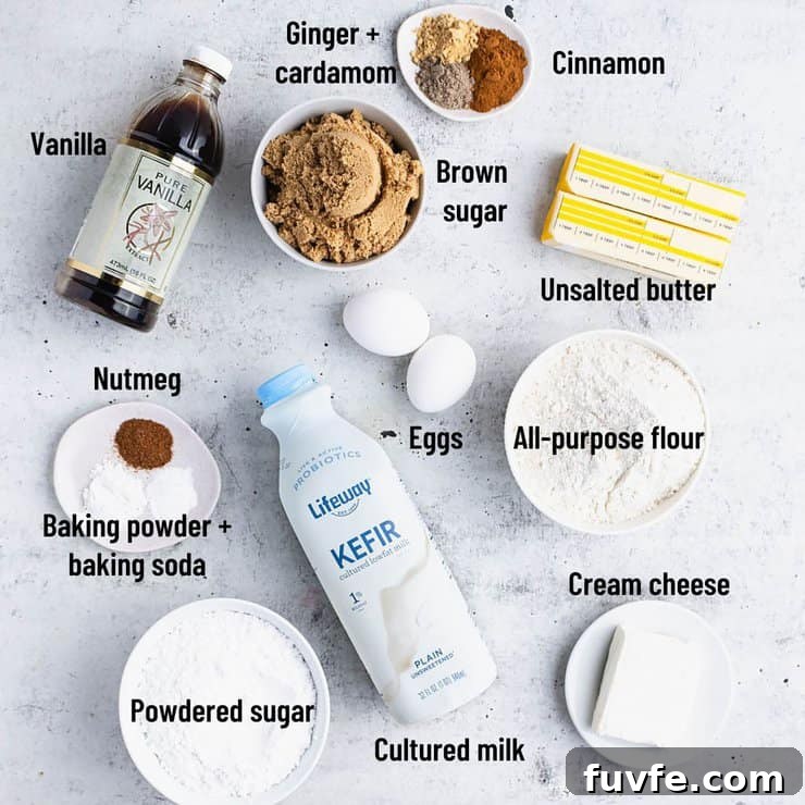 Norwegian Spice Cake Recipe: Classic Krydderkake with Warm Spices 4 Overhead view of labeled ingredients on a gray backdrop.