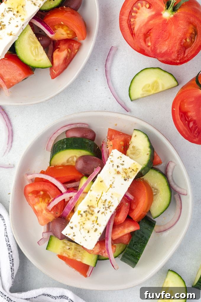 Greek village salad on a white plate